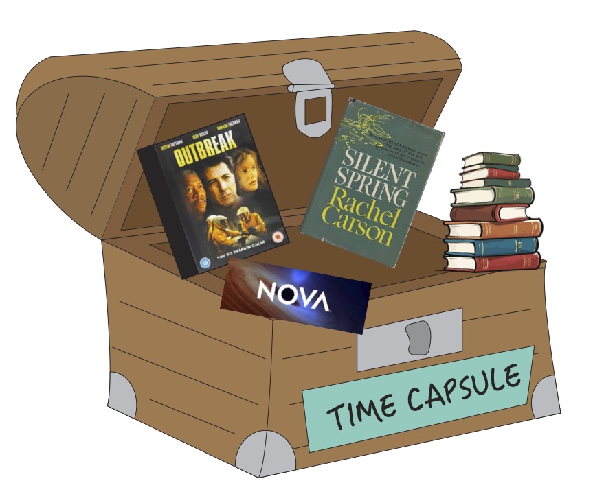 Cartoon of a chest labeled "Time Capsule" with books, TV shows, and movies inside