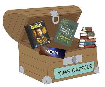 Cartoon of a chest labeled "Time Capsule" with books, TV shows, and movies inside